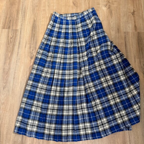 Vintage 100% Wool Blue Plaid Pleated Maxi Wrap Skirt Academia M - Picture 5 of 8